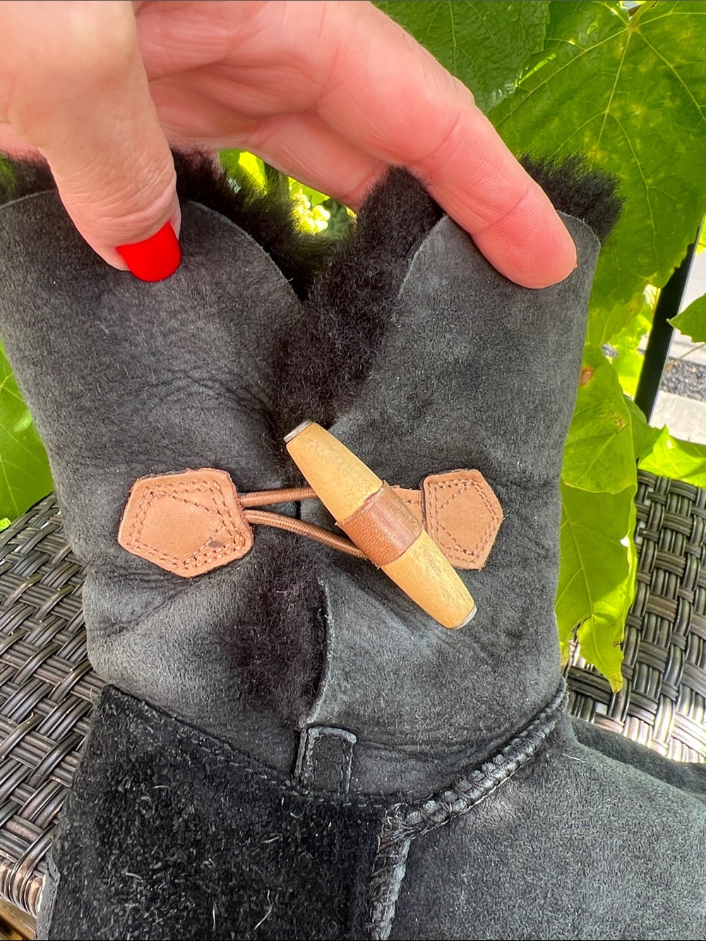 UGG Black Kelly Suede Shearling Boots with Tan Toggle - Picture 8 of 17